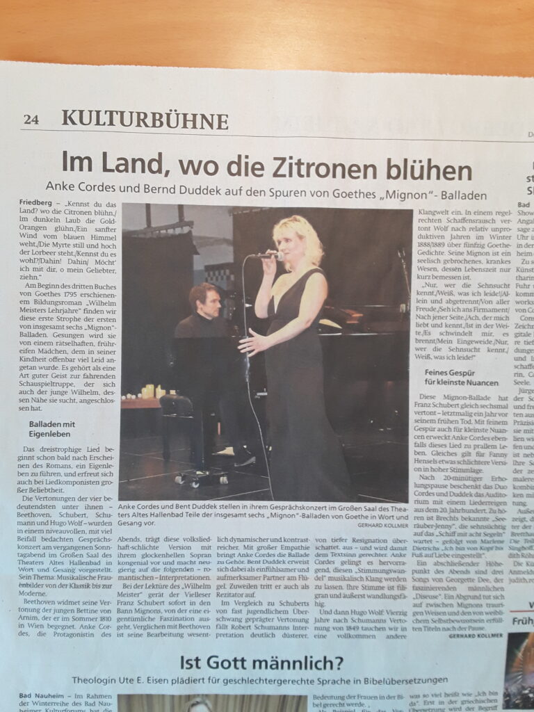 Newspaper article “Im Land, wo die Zitronen blühen” about the Duo FunG concert in Friedberg
